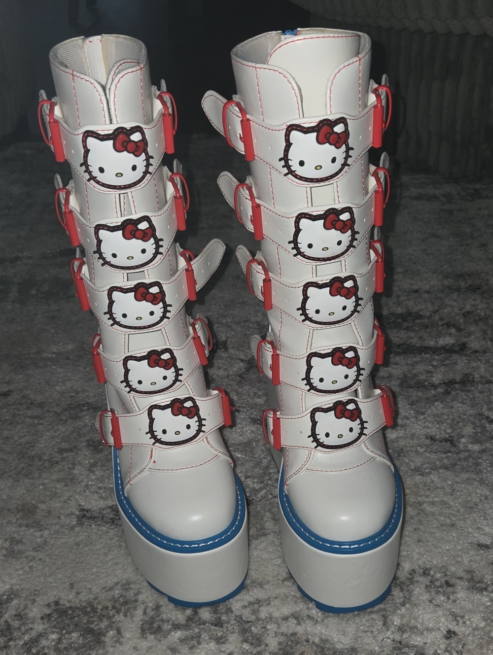 Hello Kitty White Knee-High Buckle Platform Boots with Red Accents